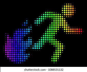 Pixelated bright halftone fired running man icon in rainbow color tinges with horizontal gradient on a black background.
