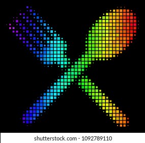 Pixelated bright halftone fork and spoon icon drawn with spectrum color shades with horizontal gradient on a black background.