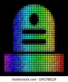 Pixelated bright halftone grave icon drawn with spectrum color shades with horizontal gradient on a black background. Colored vector mosaic of grave illustration shaped with rectangular particles.