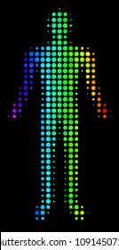 Pixelated bright halftone human icon in rainbow color hues with horizontal gradient on a black background. Colorful vector concept of human symbol combined of circle particles.
