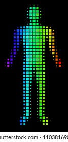 Pixelated bright halftone human icon in spectrum color hues with horizontal gradient on a black background. Bright vector composition of human symbol composed of rectangular elements.