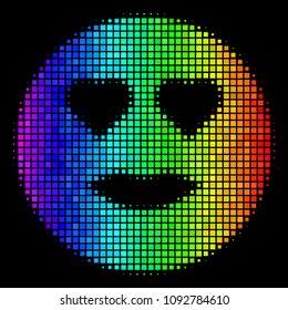 Pixelated bright halftone lady love smiley icon using spectral color tinges with horizontal gradient on a black background. Bright vector pattern of lady love smiley symbol formed of rectangle cells.