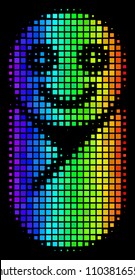Pixelated bright halftone newborn icon using rainbow color tints with horizontal gradient on a black background. Bright vector concept of newborn pictogram formed of rectangle dots.