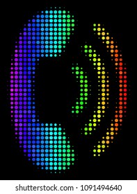 Pixelated bright halftone phone ring icon in spectral color tones with horizontal gradient on a black background. Bright vector collage of phone ring pictogram created of circle items.