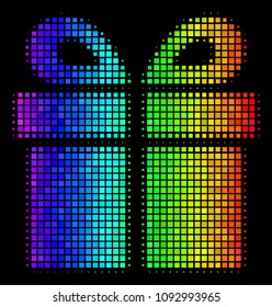 Pixelated bright halftone present icon drawn with spectrum color shades with horizontal gradient on a black background.