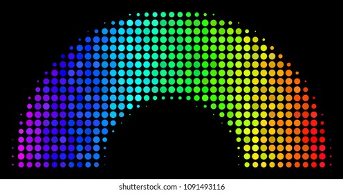 Pixelated bright halftone rainbow icon drawn with spectral color shades with horizontal gradient on a black background. Colored vector mosaic of rainbow pictogram organized of round pixels.