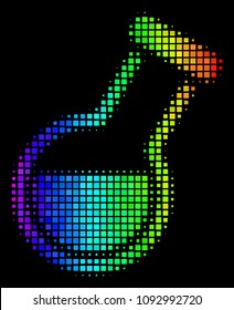 Pixelated bright halftone retort icon drawn with spectrum color tinges with horizontal gradient on a black background.