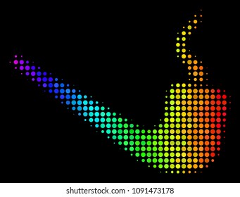 Pixelated bright halftone smoking pipe icon in rainbow color shades with horizontal gradient on a black background. Bright vector mosaic of smoking pipe illustration constructed of spheric elements.