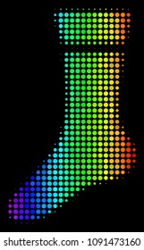 Pixelated bright halftone sock icon using spectrum color hues with horizontal gradient on a black background. Colorful vector composition of sock symbol composed from circle cells.