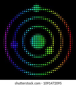 Pixelated bright halftone Solar System icon drawn with spectral color hues with horizontal gradient on a black background. Colorful vector pattern of Solar System pictogram formed of spheric pixels.
