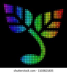 Pixelated bright halftone sprout icon using spectral color tinges with horizontal gradient on a black background. Bright vector mosaic of sprout symbol organized of rectangular dots.