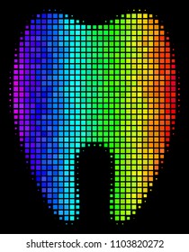 Pixelated bright halftone tooth icon in rainbow color hues with horizontal gradient on a black background. Color vector pattern of tooth illustration done of rectangular particles.