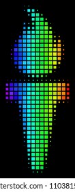 Pixelated bright halftone torch fire icon using spectral color variations with horizontal gradient on a black background. Bright vector mosaic of torch fire symbol composed from square matrix cells.