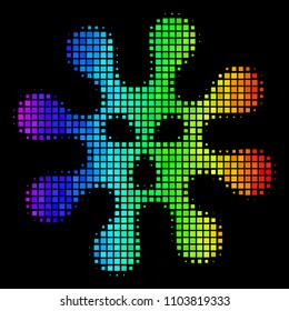 Pixelated bright halftone virus icon using rainbow color tones with horizontal gradient on a black background. Colored vector mosaic of virus pictogram composed with rectangular elements.