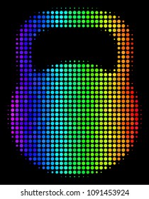 Pixelated bright halftone weight icon drawn with spectrum color hues with horizontal gradient on a black background. Colored vector mosaic of weight symbol made from round elements.