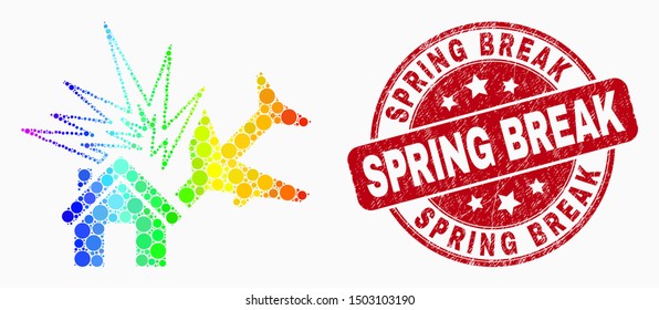 Pixelated bright spectral airplane disaster mosaic icon and Spring Break seal. Red vector rounded grunge watermark with Spring Break message. Vector collage in flat style.