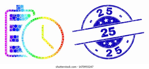 Pixelated bright spectral battery charge time mosaic pictogram and 25 seal stamp. Blue vector rounded textured stamp with 25 text. Vector composition in flat style.