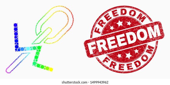 Pixelated bright spectral break chain mosaic icon and Freedom seal. Red vector rounded distress seal with Freedom caption. Vector combination in flat style.