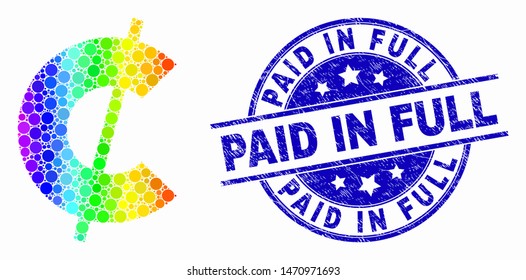 Pixelated bright spectral cent symbol mosaic pictogram and Paid in Full seal stamp. Blue vector rounded grunge stamp with Paid in Full phrase. Vector collage in flat style.