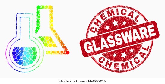 Pixelated bright spectral chemical glassware mosaic pictogram and Chemical Glassware seal. Red vector round scratched seal stamp with Chemical Glassware caption. Vector composition in flat style.