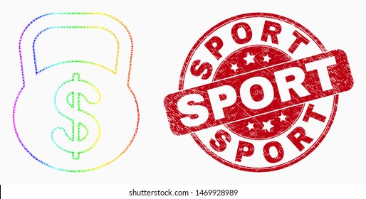 Pixelated bright spectral dollar weight mosaic icon and Sport seal stamp. Red vector rounded grunge seal stamp with Sport text. Vector combination in flat style.