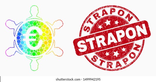 Pixelated bright spectral euro people company mosaic icon and Strapon seal. Red vector round textured seal stamp with Strapon text. Vector composition in flat style.
