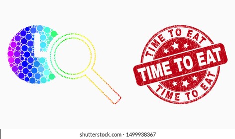 Pixelated bright spectral find time mosaic icon and Time to Eat seal stamp. Red vector round scratched seal with Time to Eat text. Vector composition in flat style.