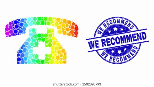 Pixelated bright spectral first aid phone mosaic icon and We Recommend seal. Blue vector round grunge seal stamp with We Recommend title. Vector collage in flat style.