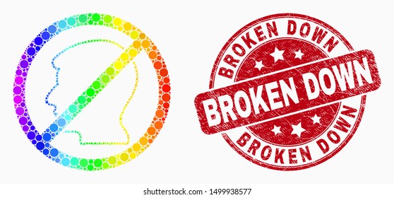 Pixelated bright spectral forbidden user mosaic icon and Broken Down watermark. Red vector round distress seal stamp with Broken Down message. Vector collage in flat style.