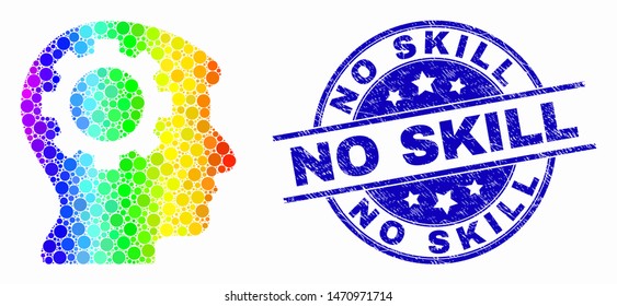Pixelated bright spectral gear thinking head mosaic icon and No Skill seal stamp. Blue vector rounded scratched seal stamp with No Skill phrase. Vector composition in flat style.