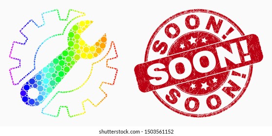 Pixelated bright spectral gear tools mosaic icon and Soon! stamp. Red vector round scratched stamp with Soon! caption. Vector combination in flat style.