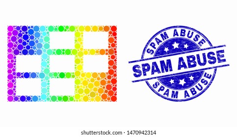 Pixelated bright spectral grid cells mosaic icon and Spam Abuse seal. Blue vector round distress stamp with Spam Abuse phrase. Vector collage in flat style.