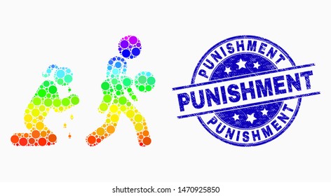 Pixelated bright spectral juvenile justice and mother mosaic icon and Punishment stamp. Blue vector rounded distress stamp with Punishment title. Vector composition in flat style.