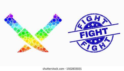 Pixelated bright spectral knife pair mosaic icon and Fight seal stamp. Blue vector rounded textured seal stamp with Fight message. Vector combination in flat style.