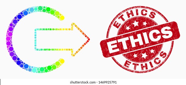 Pixelated bright spectral logout mosaic pictogram and "Ethics" seal. Red vector round distress seal stamp with "Ethics" phrase. Vector composition in flat style.