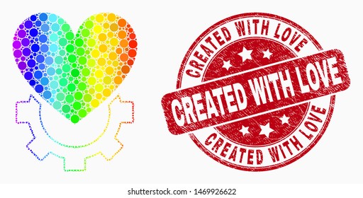 Pixelated bright spectral love gear mosaic icon and Created with Love seal stamp. Red vector rounded textured seal stamp with Created with Love message. Vector composition in flat style.