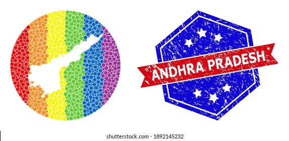 Pixelated bright spectral map of Andhra Pradesh State mosaic formed with circle and cut out shape, and scratched seal stamp. LGBTQ rainbow colored dots around empty map of Andhra Pradesh State.