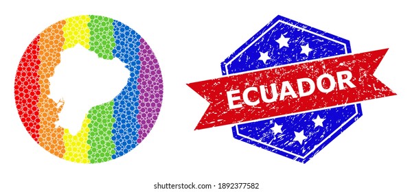Pixelated bright spectral map of Ecuador collage composed with circle and subtracted space, and textured seal stamp. LGBT rainbow colored pixels around empty map of Ecuador.