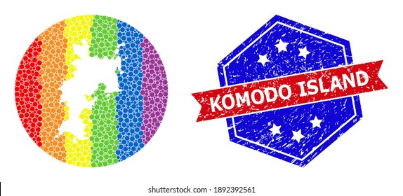 Pixelated bright spectral map of Komodo Island mosaic created with circle and subtracted shape, and textured seal stamp. LGBT spectrum colored dots around empty map of Komodo Island.