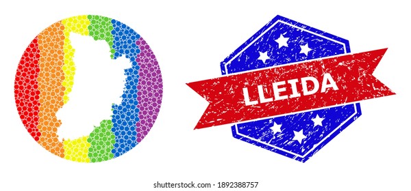 Pixelated bright spectral map of Lleida Province collage formed with circle and cut out shape, and scratched seal stamp. LGBTQ rainbow colored dots around empty map of Lleida Province.