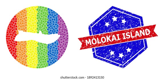 Pixelated bright spectral map of Molokai Island collage designed with circle and subtracted space, and scratched seal stamp. LGBT spectrum colored pixels around empty map of Molokai Island.