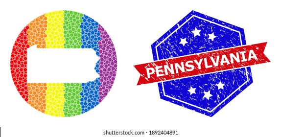 Pixelated bright spectral map of Pennsylvania State mosaic designed with circle and cut out shape, and textured watermark. LGBTQ spectrum colored pixels around empty map of Pennsylvania State.