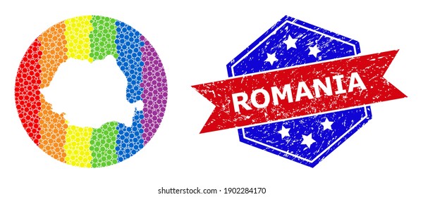 Pixelated bright spectral map of Romania mosaic created with circle and carved shape, and grunge seal stamp. LGBTQ rainbow colored pixels around empty map of Romania.