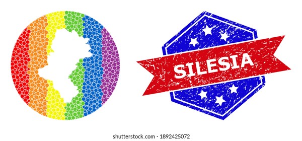 Mapa espectral brillante pixelado del mosaico de la provincia de Silesia creado con un espacio circulo y substrato, y sello texturizado de sellado. Puntos coloreados del espectro LGBT alrededor del mapa vacío de la provincia de Silesia.