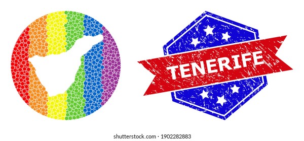 Pixelated bright spectral map of Tenerife Island mosaic created with circle and hole, and textured seal. LGBT spectrum colored pixels around empty map of Tenerife Island.