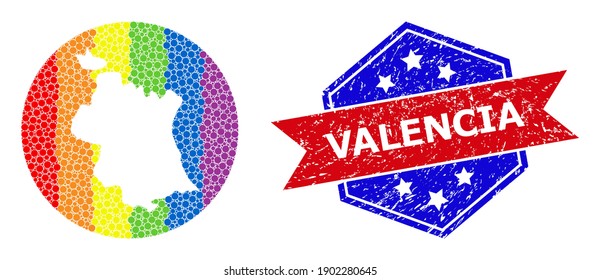 Pixelated bright spectral map of Valencia Province mosaic formed with circle and subtracted shape, and grunge seal stamp. LGBTQ spectrum colored pixels around empty map of Valencia Province.