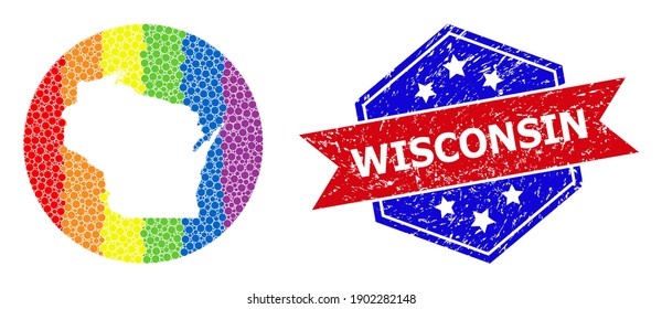 Pixelated bright spectral map of Wisconsin State collage formed with circle and hole, and grunge seal stamp. LGBT spectrum colored pixels around empty map of Wisconsin State.