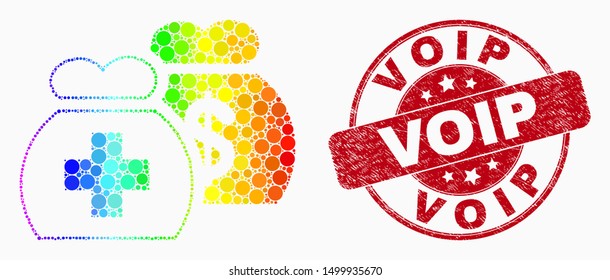 Pixelated bright spectral medical funds mosaic icon and Voip seal stamp. Red vector round grunge seal stamp with Voip text. Vector composition in flat style.