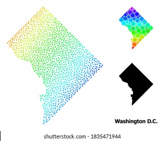 Pixelated bright spectral, and monochrome map of Washington DC, and black text. Vector model is created from map of Washington DC with spheres. Abstraction is useful for geographic templates.