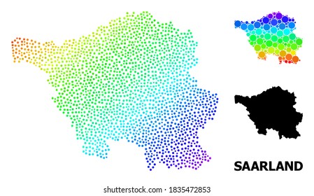 Pixelado espectral brillante, y mapa monocromo del estado de Sarre, y texto negro. El modelo vectorial se crea a partir del mapa del estado de Sarre con esferas. Abstracción diseñada para afiches geográficos.